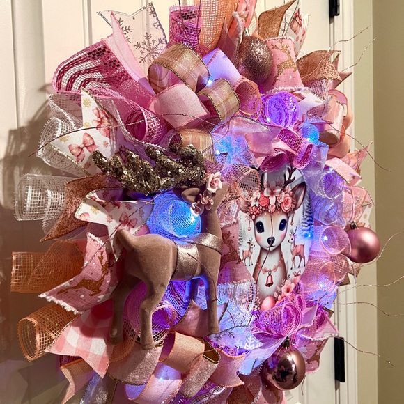 Handmade Pink Winter Floral Reindeer Holiday Ribbon Door Wreath 22 ins W82 - Picture 3 of 12